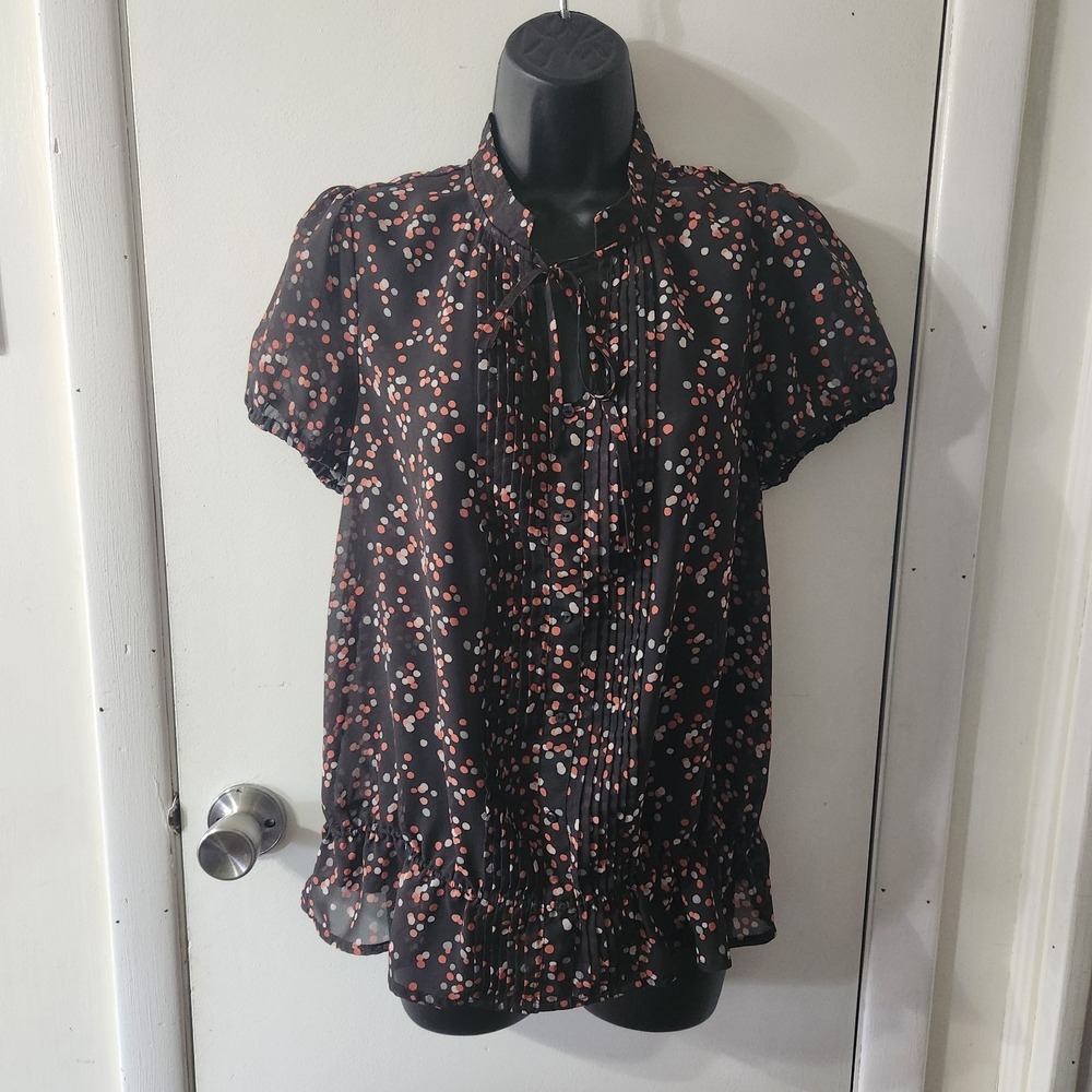 Apt. 9 Black Polka Dot Pintuck Tie-Neck Blouse Size M